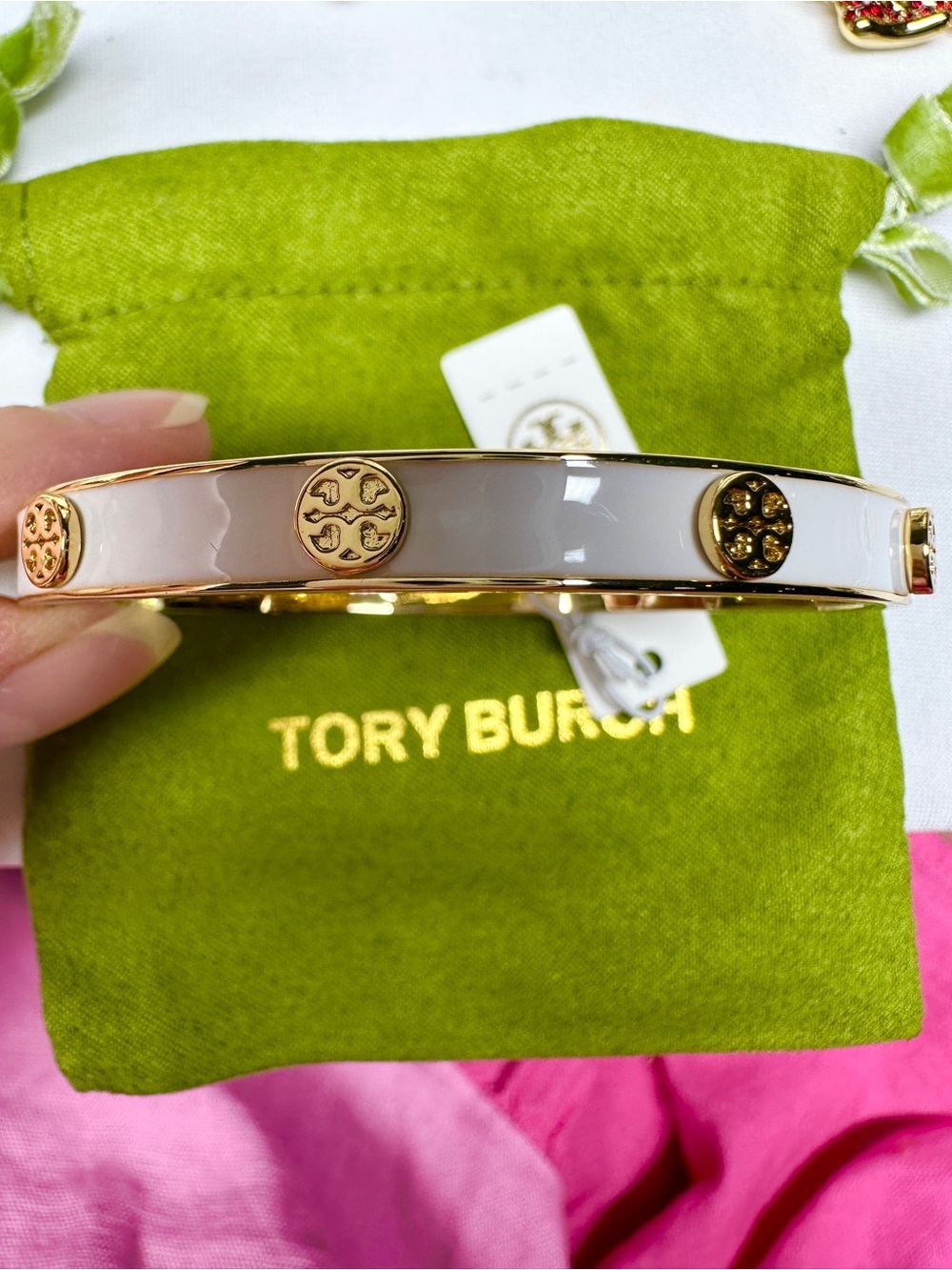 Tory Burch Blush Pink Enamel Logo Hinge Bangle with Gold Accents